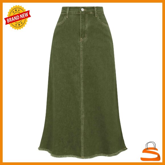 Dresses & Skirts - Vintage Denim Maxi Skirt Elastic High Waist Frayed Hem A-Line with Pockets